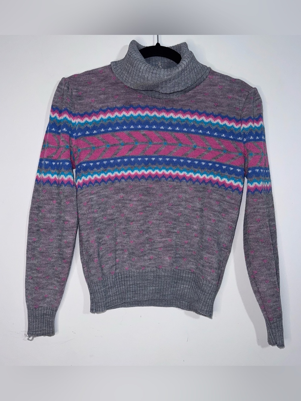 Vintage Fair Isle Turtleneck Sweater Gray Pink Nordic Knit XS S